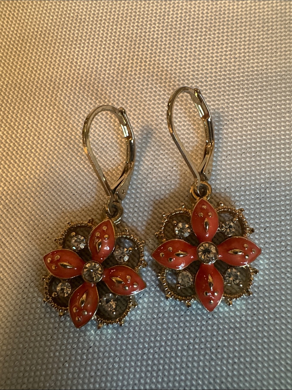 Gold-Tone Floral Drop Earrings with Coral Enamel and Crystal Accents